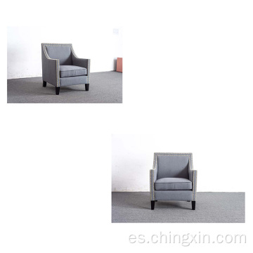 Sillas de sala de estar Nailhead Tela gris tela Silla de acento armado con patas de madera maciza CX663